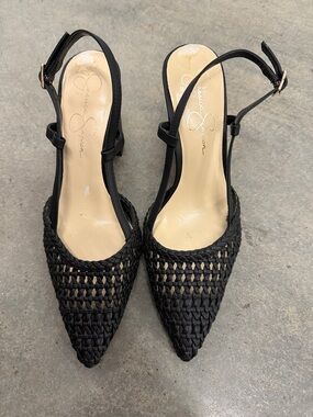 Jessica Simpson Black Woven Pointed Toe Slingback Heels